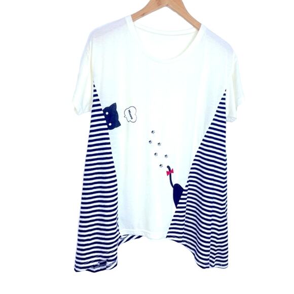 Miaou T Shirt Meow in French Black Cat Shirt Striped Cat Paws - Picture 3 of 9